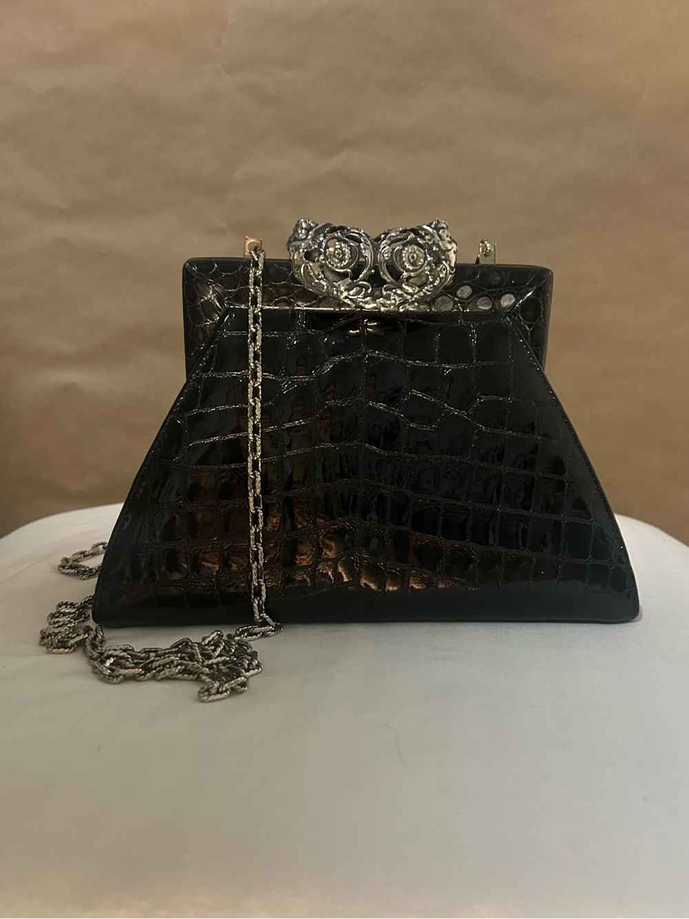 Vintage Glen Miller for Ann Turk Black Croc Embossed Cherub Clasp Chain Bag